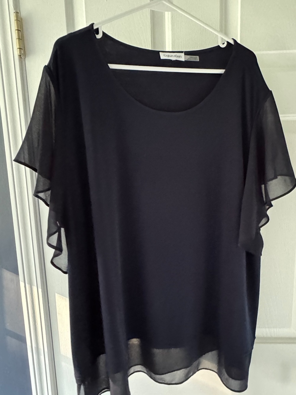 Calvin Klein Sheer Navy Ruffle-Sleeve Blouse